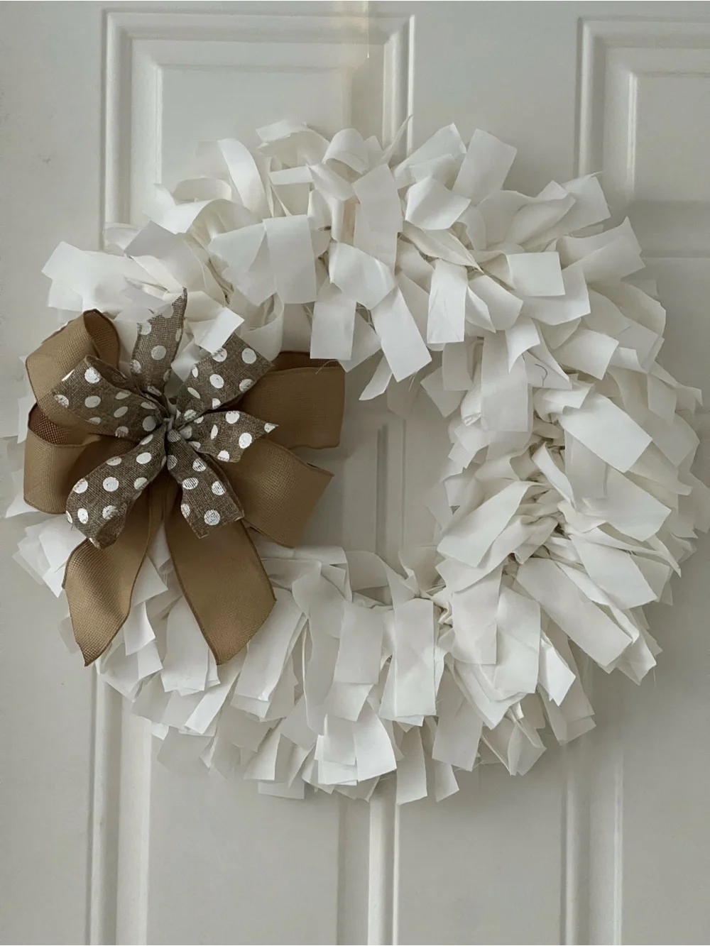 Neutral White Fabric Holiday Wreath with Tan Polka Dot Bow